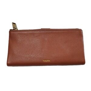 Fossil Lainie Brown Crossgrain Leather Organizer Clutch Wallet Flap Snap Closure